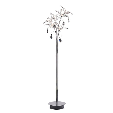The Kenzo 6 Light Crystal Floor Lamp in polished chrome features a tall, modern design with multiple curved branches, leaf-like accents, hanging crystals, and a round base for an elegant touch.