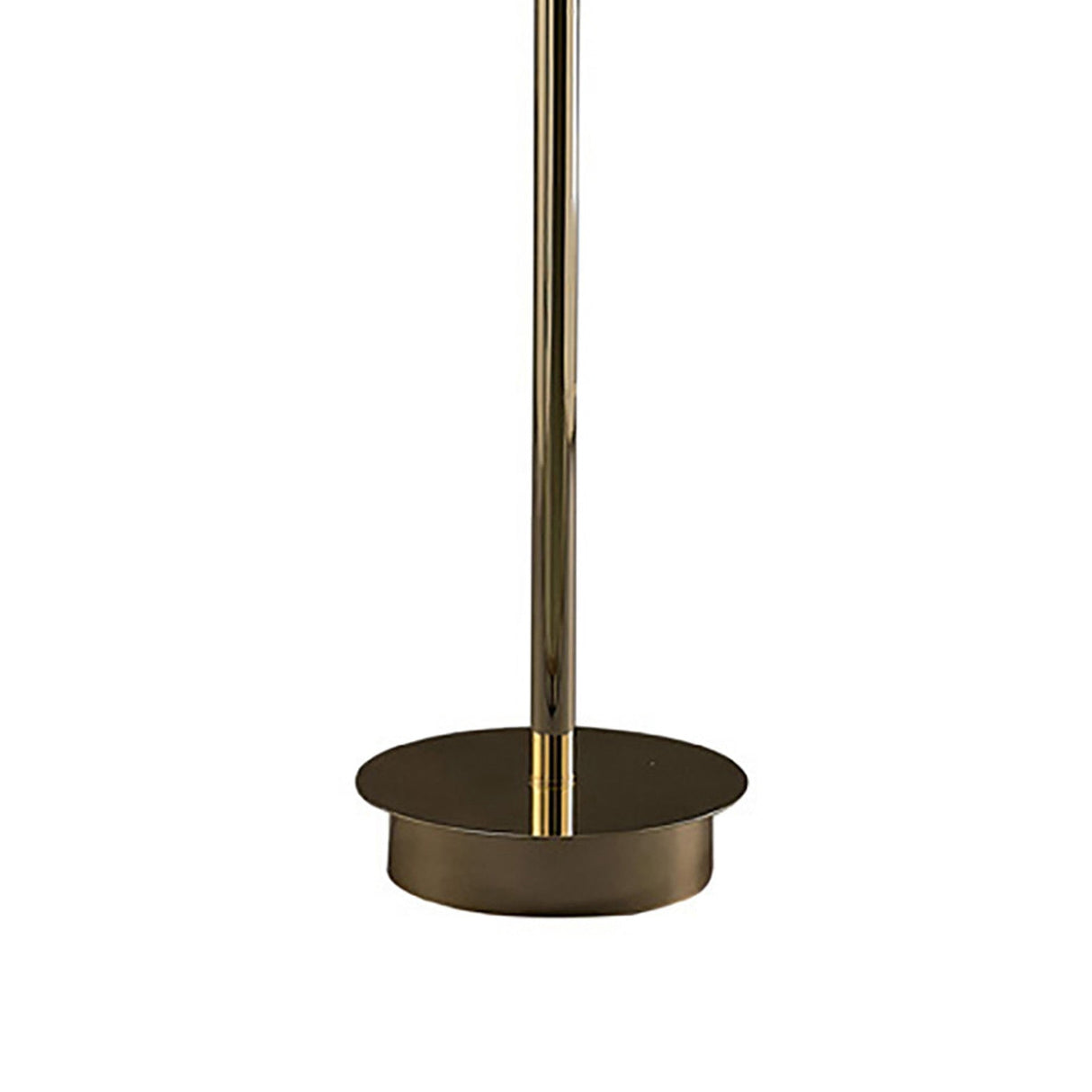 A close-up of the Kenzo 6 Light Crystal Floor Lamp in French Gold shows its round, flat base and slender vertical pole. The lamp’s shiny, reflective finish enhances its elegant, luxurious look.