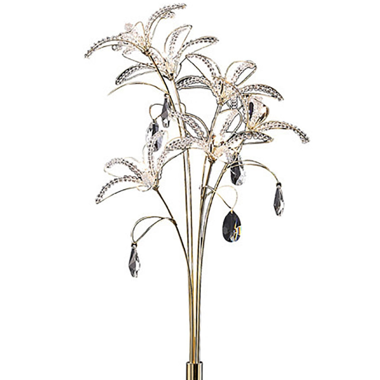 The Kenzo 6 Light Crystal Floor Lamp in French Gold features stems topped with crystal flower-shaped lights and adorned with hanging crystal ornaments for a luxurious look.