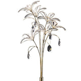 The Kenzo 6 Light Crystal Floor Lamp in French Gold features stems topped with crystal flower-shaped lights and adorned with hanging crystal ornaments for a luxurious look.