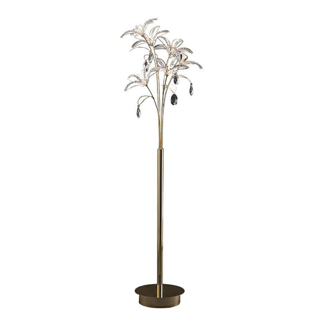 The Kenzo 6 Light Crystal Floor Lamp in French Gold features a tall, round-based design with decorative branches, crystal-like leaves, and hanging teardrop ornaments for elegant, luxury lighting inspired by a stylized tree.