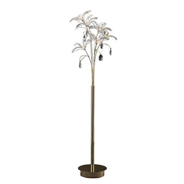 The Kenzo 6 Light Crystal Floor Lamp in French Gold features a tall, round-based design with decorative branches, crystal-like leaves, and hanging teardrop ornaments for elegant, luxury lighting inspired by a stylized tree.