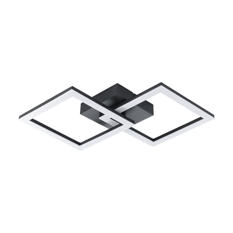 Kermora LED ceiling panel light with two interlocking black steel square frames and white plastic diffusers, warm white light, set on a plain white background.
