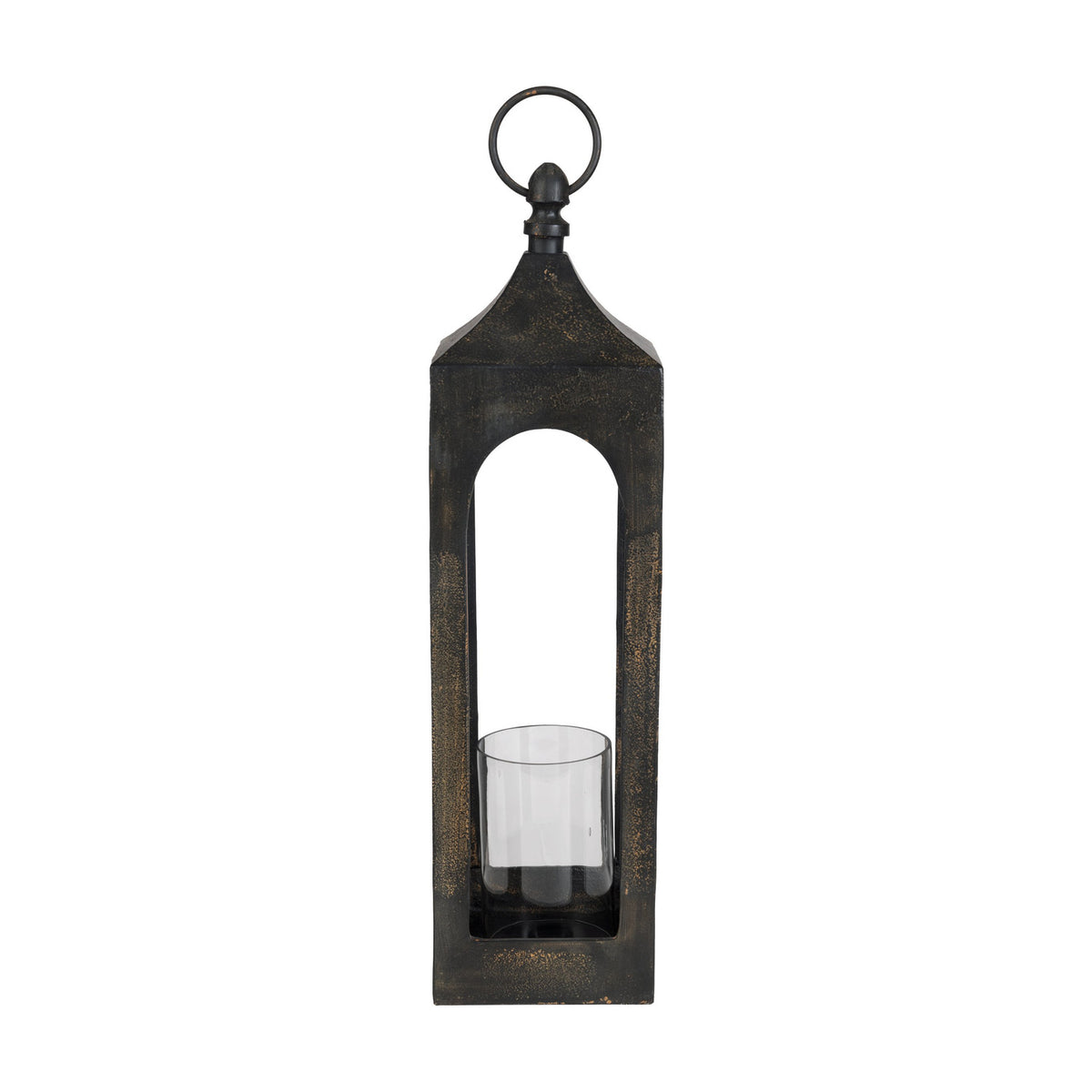 Kerteh Candle Lantern, a tall square aluminium lantern with arched open sides, pitched top, top ring handle, and a clear glass candle cylinder at its base, shown on a plain white background.