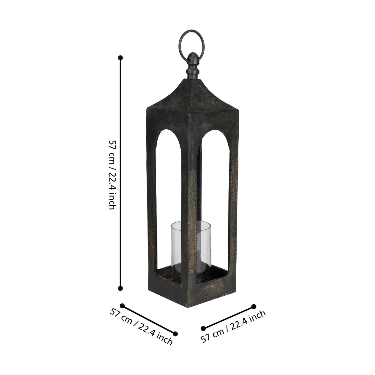 Kerteh Candle Lantern, a tall square aluminium lantern in matt black with arched glass sides and a clear glass candle cylinder, shown with dimensions on a white background.