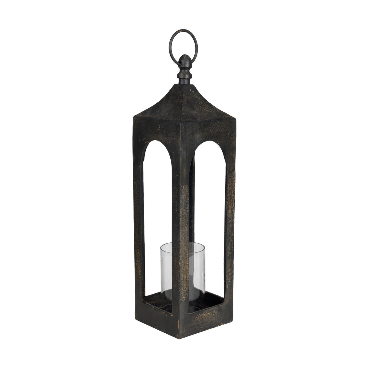 Kerteh Candle Lantern, a tall square aluminium lantern in matte black with arched open sides, a pitched top, hanging ring handle, and a clear glass candle cylinder, shown on a white background.