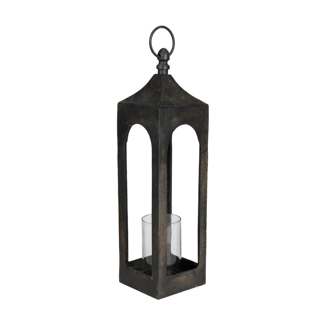 Kerteh Candle Lantern, a tall square aluminium lantern in matte black with arched open sides, a pitched top, hanging ring handle, and a clear glass candle cylinder, shown on a white background.