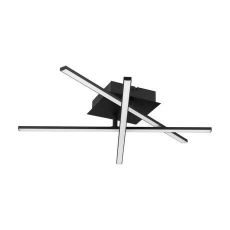 Keselle LED 3 Light Flush Ceiling Light in black, featuring three slim crossing LED bars with white diffusers on a square black ceiling plate, shown on a plain white background.