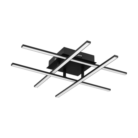 Keselle LED 4 Light Flush Ceiling Light in black, four slim crossed bars with white diffusers on a square base, shown on a plain white background.