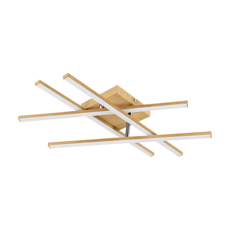 Keselle LED flush ceiling light with four crisscrossing slim bars in a light brown wood-effect finish, each with a white diffuser strip, set on a square ceiling base against a plain white background.