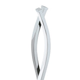 Close-up of the Keselle LED table lamp's chrome top, showing two wave-shaped steel and aluminium arms twisting and crossing against a plain white background.