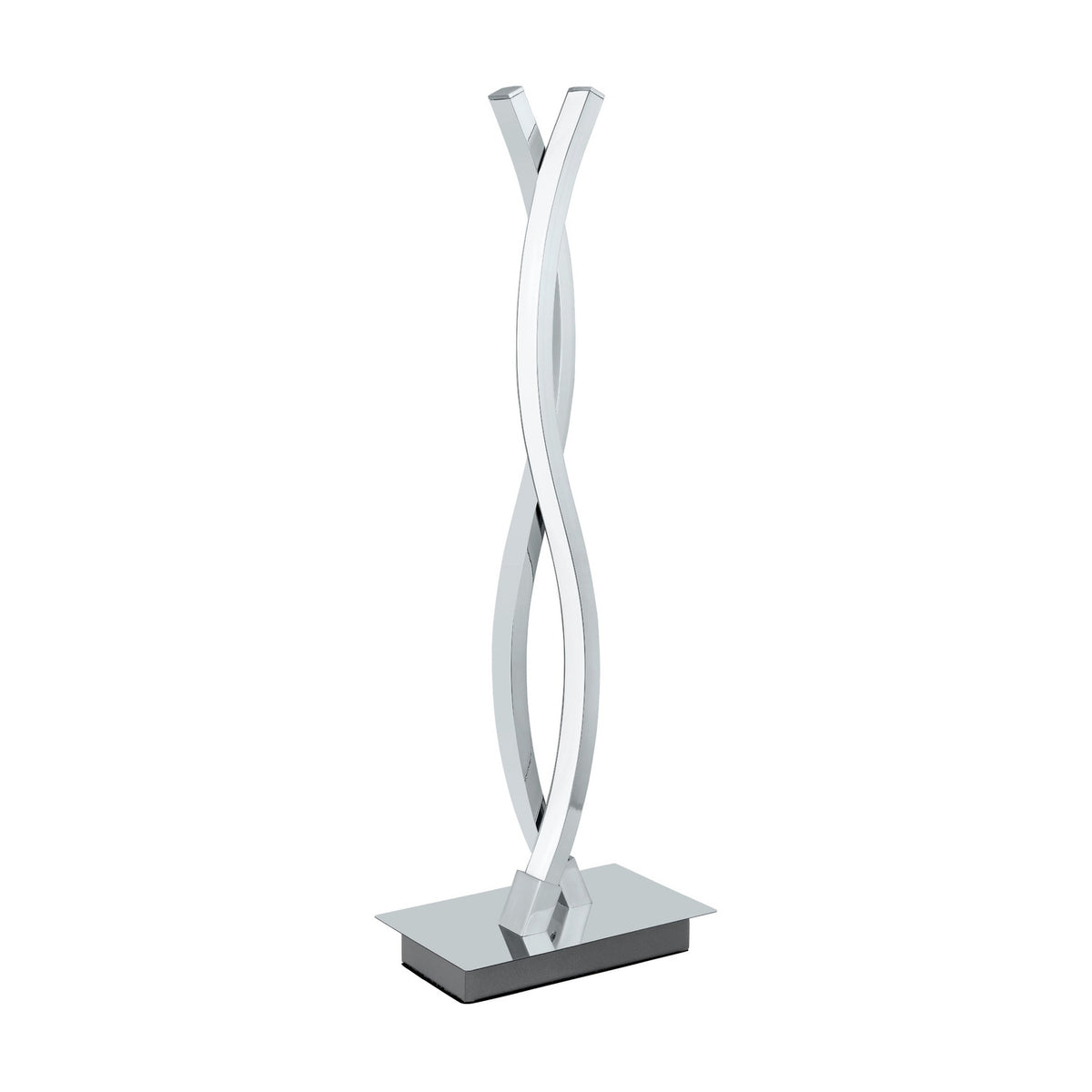 Keselle LED table lamp with two intertwined wave-shaped chrome arms rising from a rectangular base, integrated LED diffusers, shown on a plain white background.
