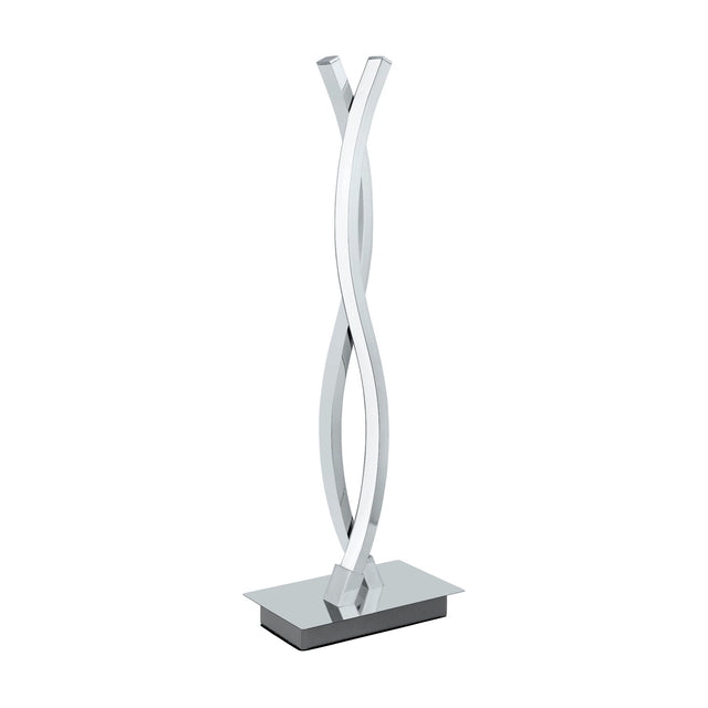 Keselle LED table lamp with two intertwined wave-shaped chrome arms rising from a rectangular base, integrated LED diffusers, shown on a plain white background.