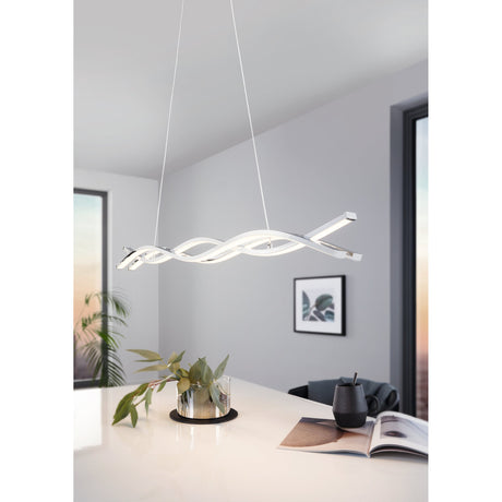 Keselle Pendant Light 100cm in chrome, a linear LED fixture with twisting wave-form bars on twin wires, shown above a dining table in a grey living space.