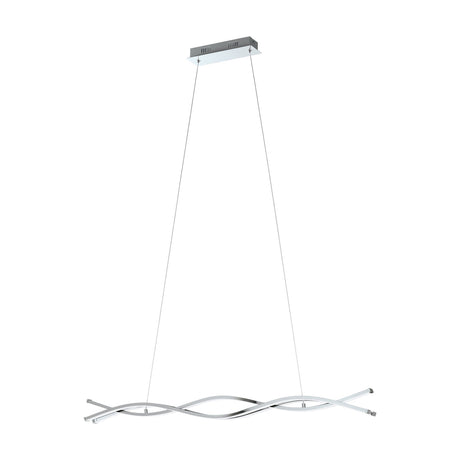Keselle Pendant Light 100cm in chrome, a linear LED fixture with two intertwining wave-shaped bars suspended by fine wires from a slim rectangular ceiling canopy, shown on a plain white background.