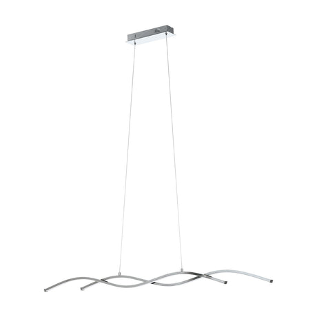 Keselle Pendant Light 120cm in chrome, two intertwined wavy LED bars suspended on twin wires from a rectangular ceiling canopy, shown on a plain white background.
