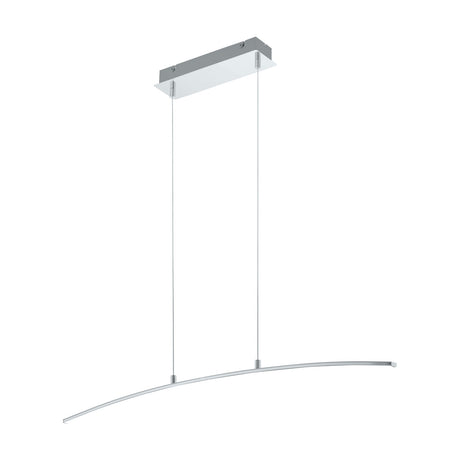 Keselle 90cm LED pendant light with a slim curved chrome bar suspended on two thin wires from a rectangular ceiling canopy, shown on a plain white background.