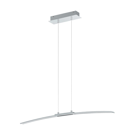 Keselle LED pendant light with a slim, gently curved chrome bar and rectangular ceiling canopy, suspended on two fine cables against a plain white background.