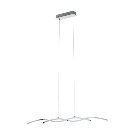 Keselle Pendant Light 87cm in chrome, featuring two intertwined wavy bars suspended on fine wires from a slim rectangular ceiling canopy, shown on a plain white background.