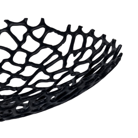 Kimitsu Decorative Bowl 38cm in black aluminium, shown close-up with an open coral-like branching lattice design against a plain white background.