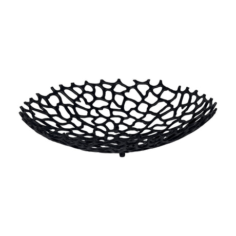 Kimitsu Decorative Bowl 38cm in black aluminium, a shallow round dish with an open coral-like lattice design, shown on a plain white background.