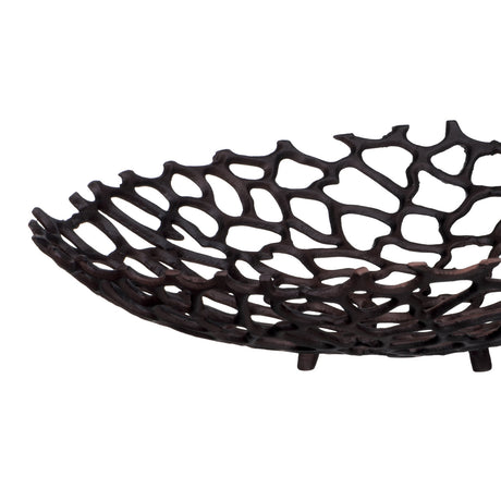 Kimitsu Decorative Bowl 38cm in brown aluminium, close-up of the open coral-like lattice design with small feet, on a white background.