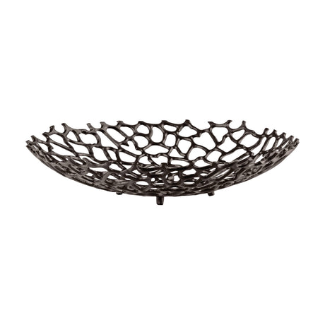Kimitsu Decorative Bowl 38cm in brown aluminium, a wide shallow bowl with an open coral-like lattice design, raised on small feet, shown on a plain white background.