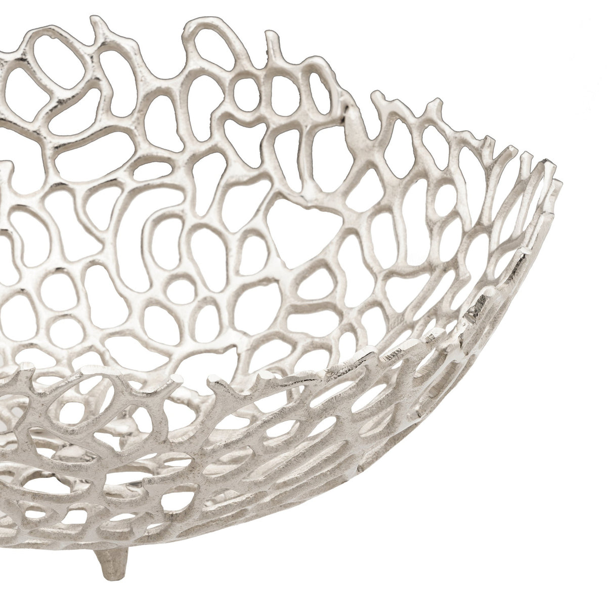 Close-up of the Kimitsu Decorative Bowl 40 x 15cm in nickel, showing an openwork aluminium coral-like lattice design on small feet, against a white background.