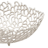 Close-up of the Kimitsu Decorative Bowl 40 x 15cm in nickel, showing an openwork aluminium coral-like lattice design on small feet, against a white background.