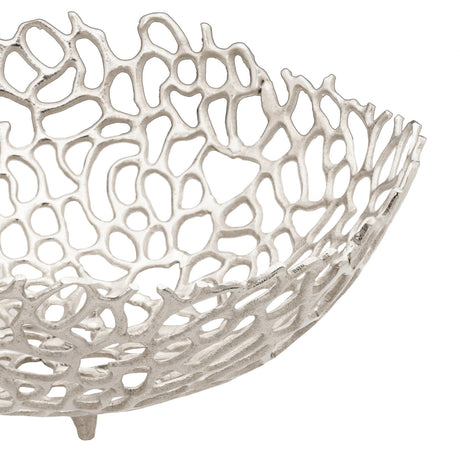 Close-up of the Kimitsu Decorative Bowl 40 x 15cm in nickel, showing an openwork aluminium coral-like lattice design on small feet, against a white background.