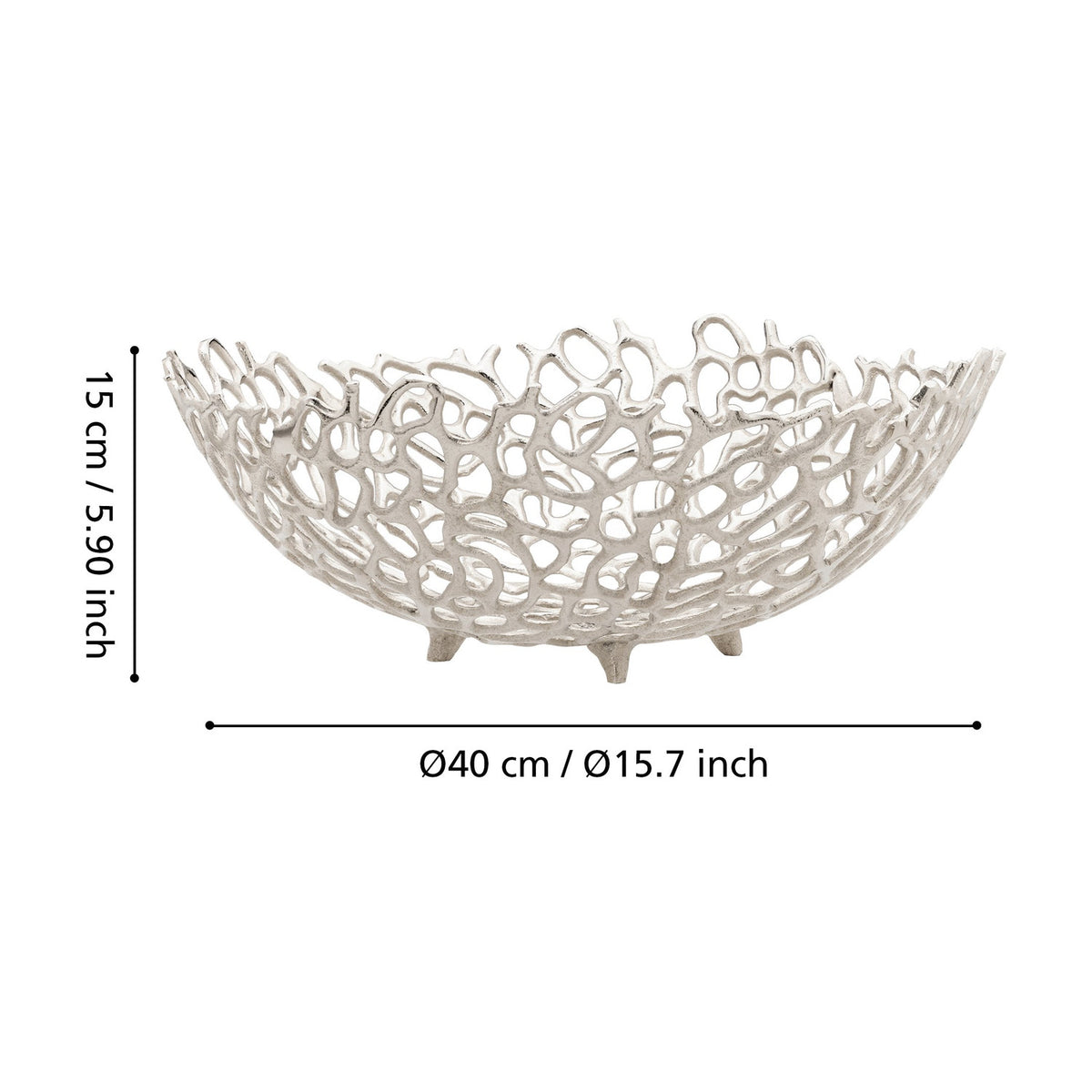 Kimitsu decorative bowl, 40 x 15cm, in nickel-finish aluminium with an openwork coral-like lattice design, raised on small feet against a plain white background with dimension labels.