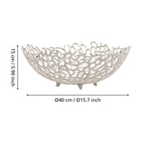 Kimitsu decorative bowl, 40 x 15cm, in nickel-finish aluminium with an openwork coral-like lattice design, raised on small feet against a plain white background with dimension labels.