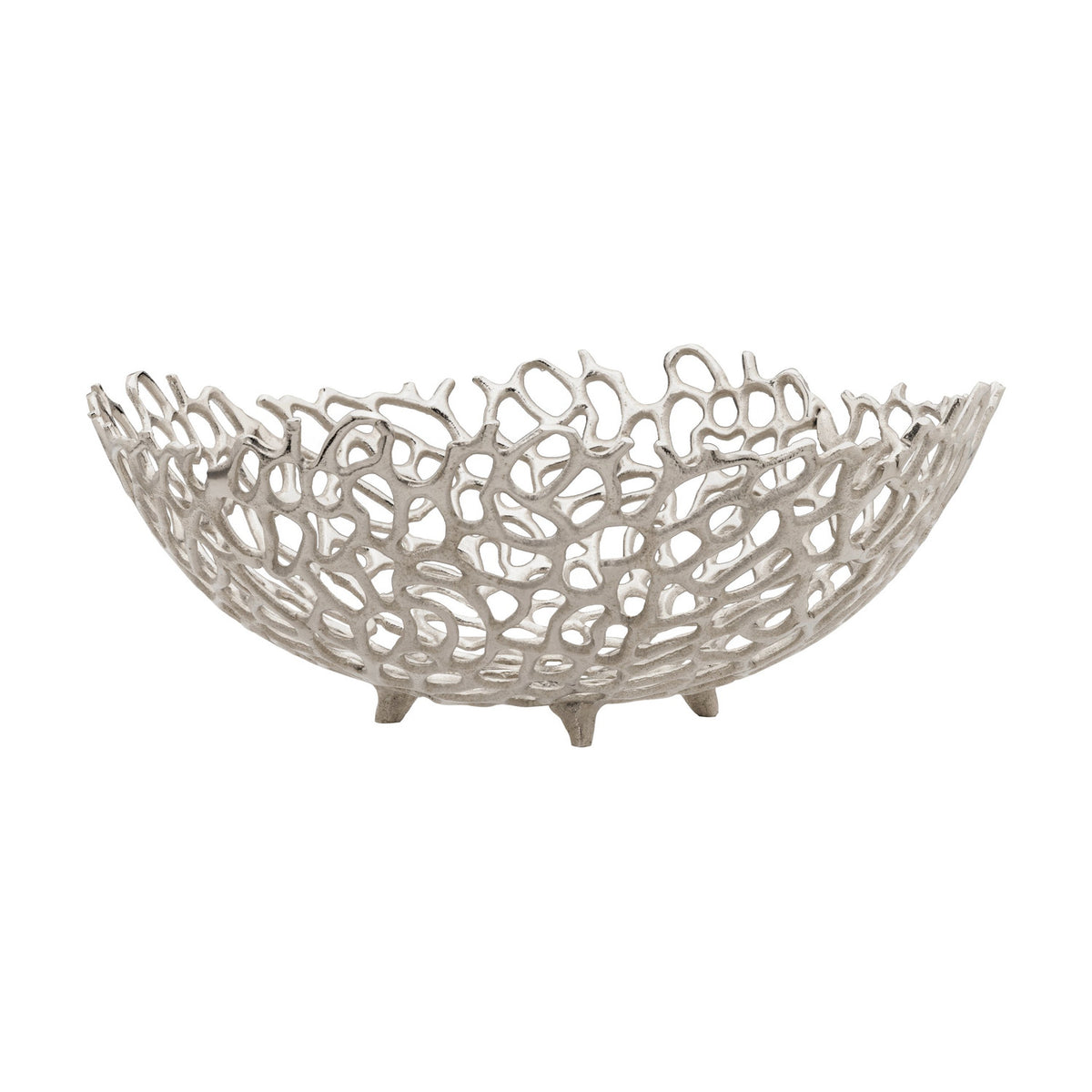 Kimitsu Decorative Bowl 40 x 15cm in nickel-finish aluminium, an openwork coral-like lattice design on small feet, shown on a plain white background.