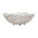 Kimitsu Decorative Bowl 40 x 15cm in nickel-finish aluminium, an openwork coral-like lattice design on small feet, shown on a plain white background.