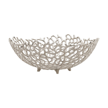 Kimitsu Decorative Bowl 40 x 15cm in nickel-finish aluminium, an openwork coral-like lattice design on small feet, shown on a plain white background.