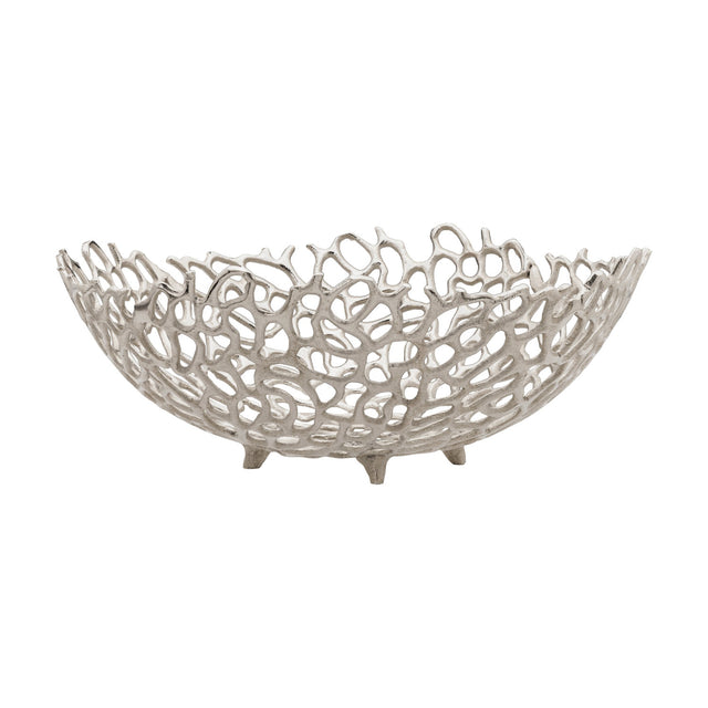 Kimitsu Decorative Bowl 40 x 15cm in nickel-finish aluminium, an openwork coral-like lattice design on small feet, shown on a plain white background.