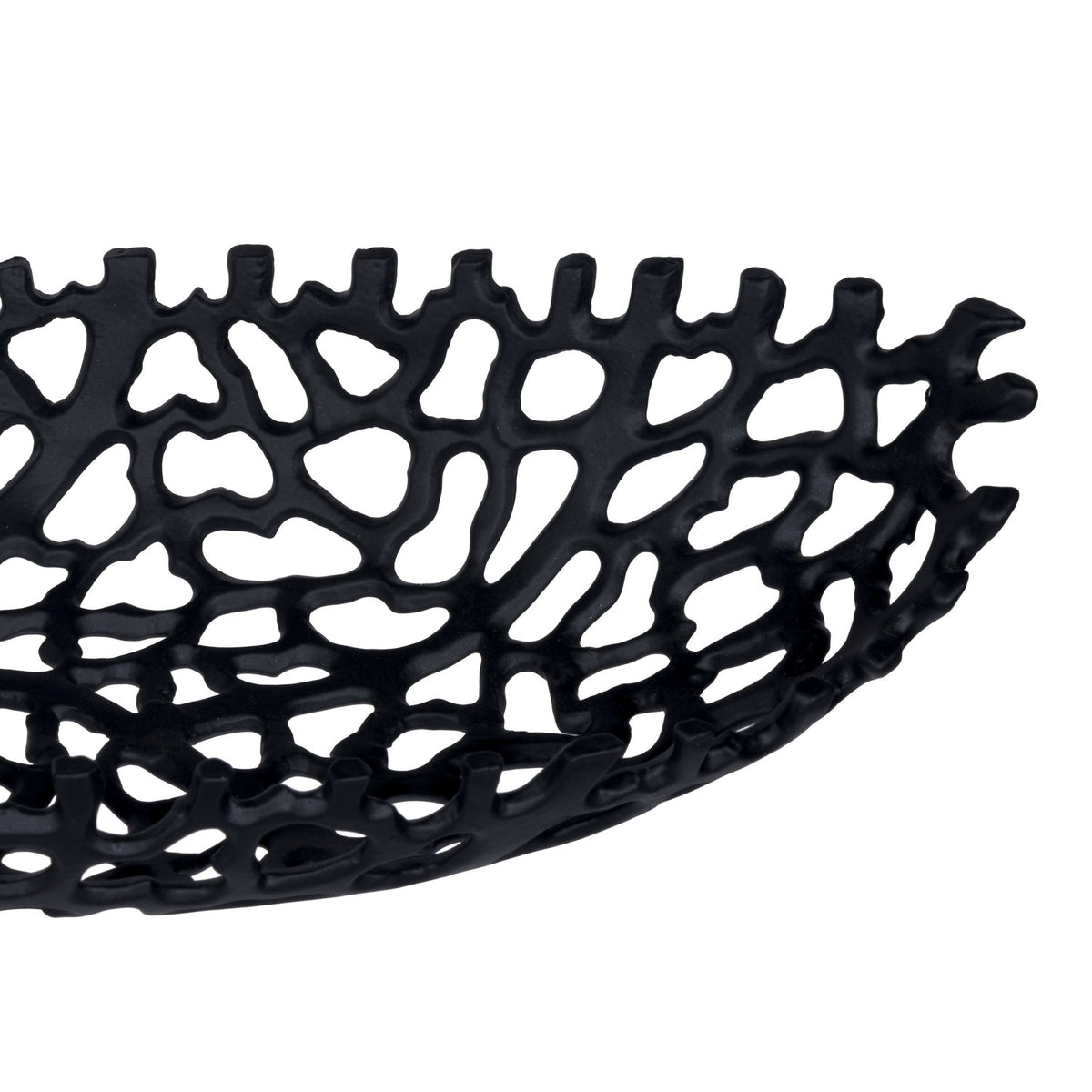 Close-up of the Kimitsu decorative bowl in black aluminium, showing its coral-like openwork lattice sides and fringed, upright-tipped rim against a white background.