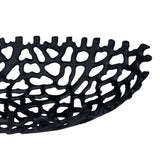 Close-up of the Kimitsu decorative bowl in black aluminium, showing its coral-like openwork lattice sides and fringed, upright-tipped rim against a white background.