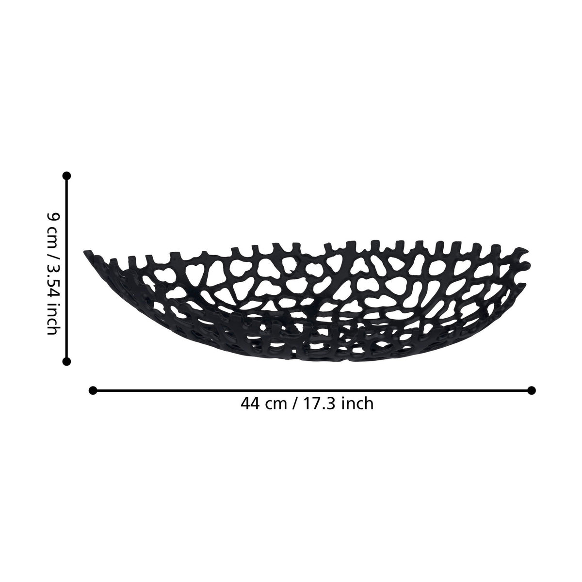 Kimitsu Decorative Bowl in black aluminium with an openwork coral-like lattice design and fringed rim, shown with dimensions 44cm long and 9cm high on a white background.