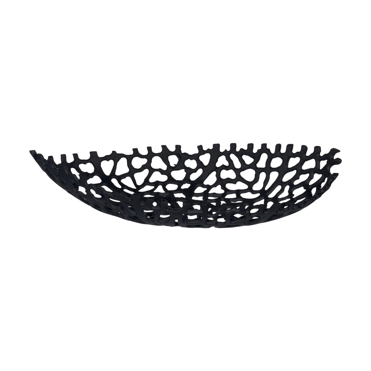 Kimitsu Decorative Bowl 44 x 18.5cm in black aluminium, an oval openwork bowl with coral-like lattice sides and fringed rim, shown on a plain white background.