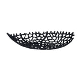 Kimitsu Decorative Bowl 44 x 18.5cm in black aluminium, an oval openwork bowl with coral-like lattice sides and fringed rim, shown on a plain white background.