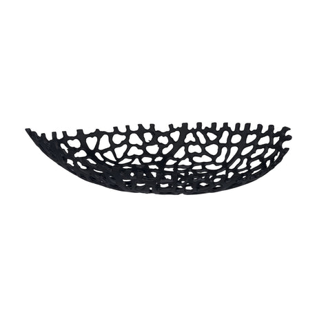 Kimitsu Decorative Bowl 44 x 18.5cm in black aluminium, an oval openwork bowl with coral-like lattice sides and fringed rim, shown on a plain white background.