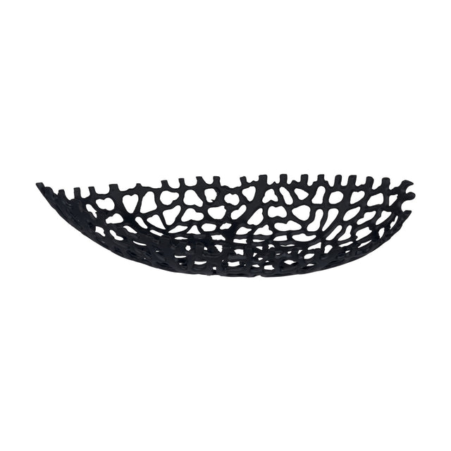 Kimitsu Decorative Bowl 44 x 18.5cm in black aluminium, an oval openwork bowl with coral-like lattice sides and fringed rim, shown on a plain white background.
