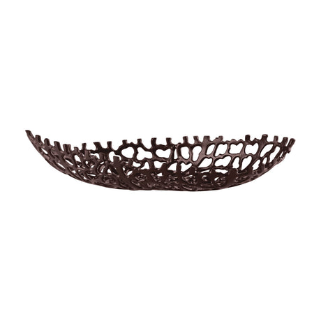 Kimitsu Decorative Bowl 44 x 18.5cm in brown aluminium, a shallow oval dish with an open coral-like lattice and jagged rim, shown on a white background.