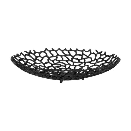 Kimitsu Decorative Bowl 45cm in black aluminium, shallow oval shape with an open coral-like lattice design, resting on small feet against a plain white background.