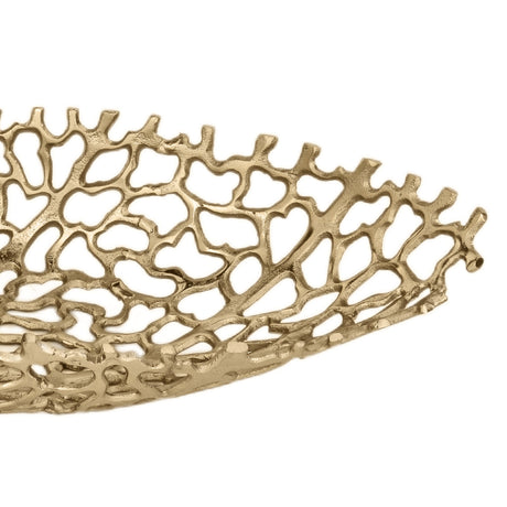 Close-up of the Kimitsu Decorative Bowl, an aluminium boat-shaped bowl in brass tone with coral-like openwork pattern and upswept pointed rim, shown on a white background.