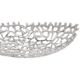 Close-up of the Kimitsu decorative bowl in nickel finish, showing an openwork aluminium lattice with coral-like branches and fringed rim detail, on a white background.