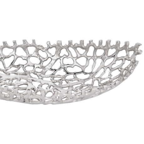 Close-up of the Kimitsu decorative bowl in nickel finish, showing an openwork aluminium lattice with coral-like branches and fringed rim detail, on a white background.