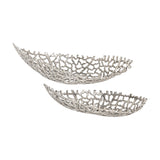 Kimitsu Decorative Bowl Set of 2 in nickel-finish aluminium, two boat-shaped openwork bowls with coral-like branch lattice, one larger and one smaller, on a plain white background.