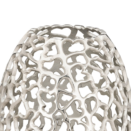 Kimitsu Ornament 34.5cm candle holder in nickel, close-up of the openwork aluminium coral-like lattice shell, shown on a plain white background.